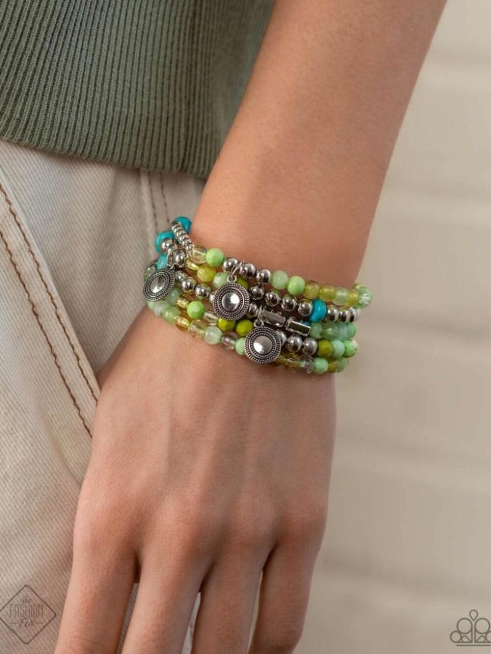 Set of 5 stretch bracelets multi color green, turquoise, yellow w/ silver discs